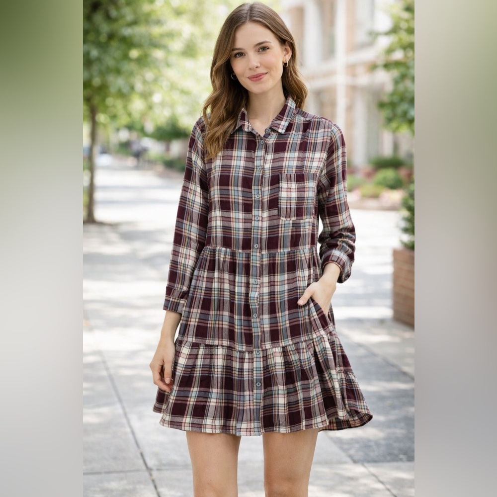 LOFT Burgundy and Blue Plaid Shirt